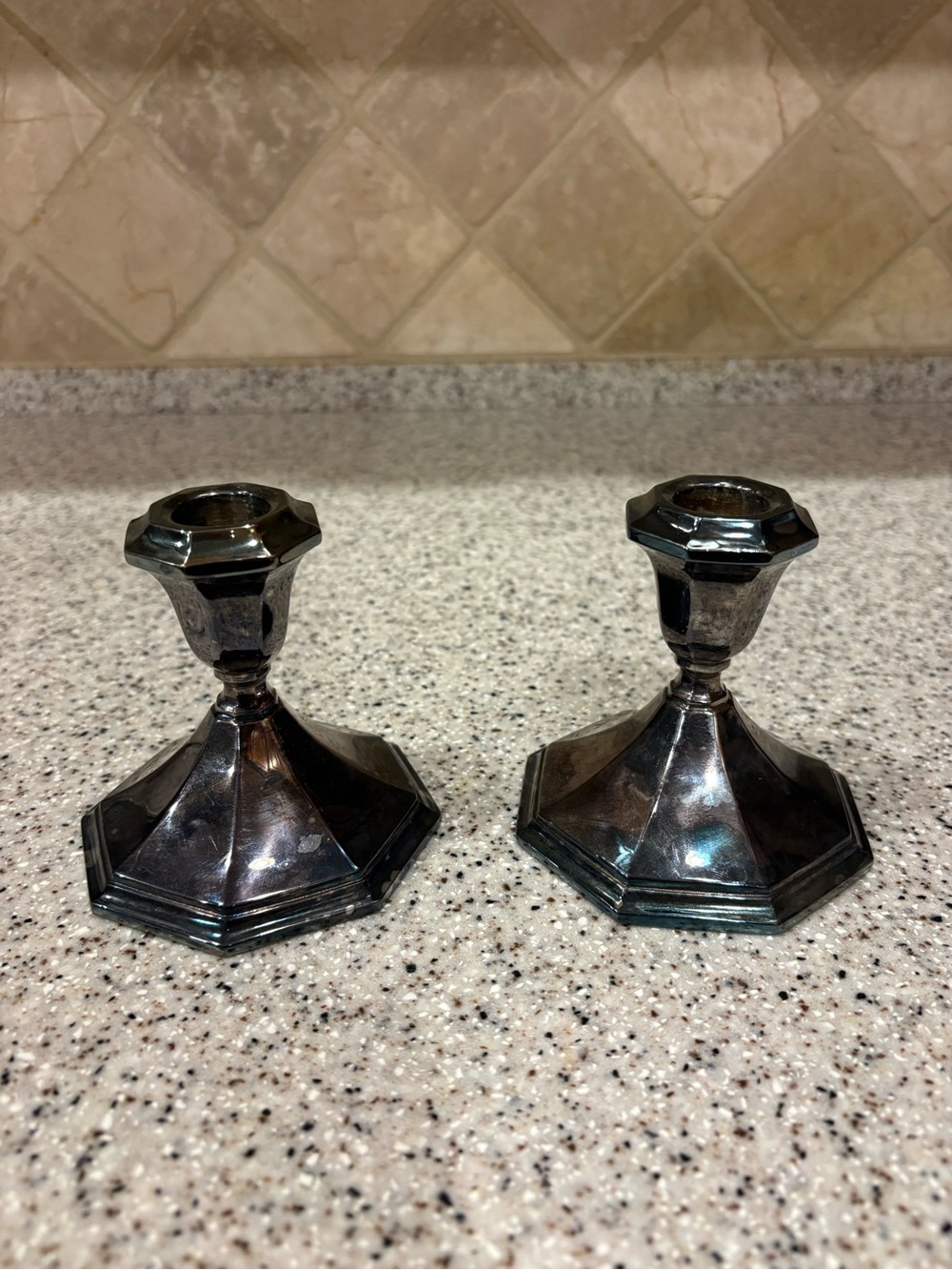 Wallace Silver Tone Octagon Metal Candle Holders Set of 2